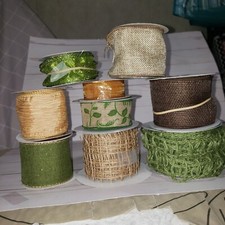 Wreath making supplies, 9 partials rolls of miscellaneous wired ribbon
