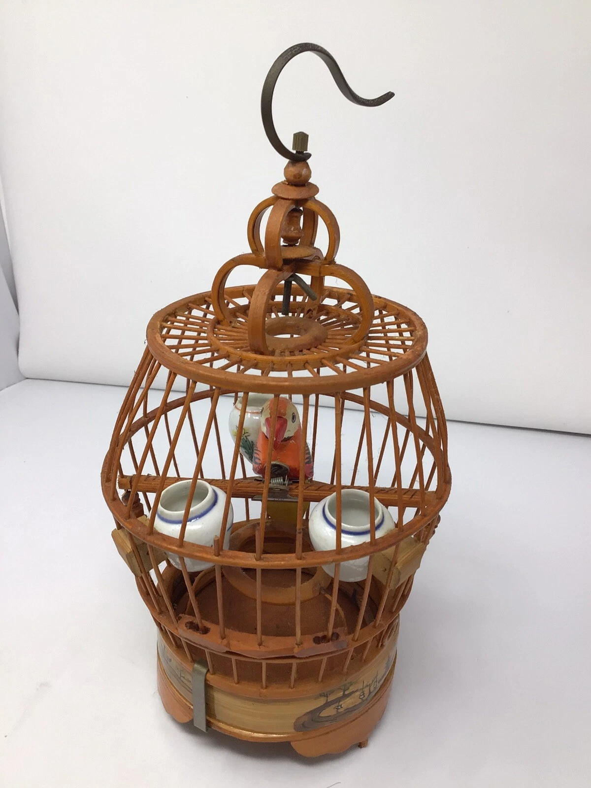 Vintage Asian Bamboo Songbird Birdcage with Porcelain Feeding Bowls