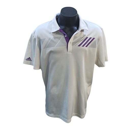 Adidas Polo Shirt Mens White Blue Purple Striped Climacool Golf Stretch L Large