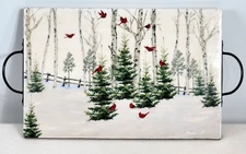 Wooden Winter Cardinal Pine Forest Tray Metal Handles 18" RUSTIC HOLIDAY WINTER