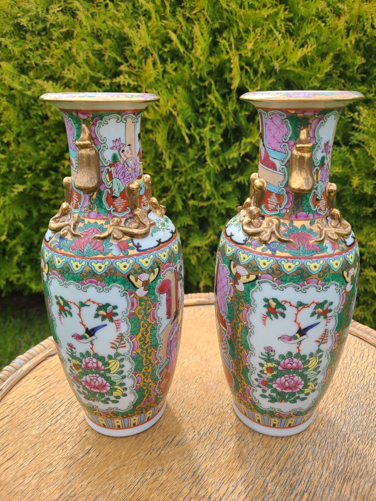 PAIR PORCELAIN BALUSTRADE VASES CHINA CANTON SIGNS BLUE CIRCLE 19TH CENTURY