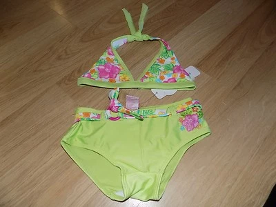 Girl's Size 4 Lime Green Floral Flower Print Bikini Swimsuit Swim Suit 2B Real - Image 1 of 4
