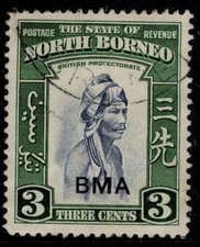NORTH BORNEO GVI SG322, 3c slate-blue & green, FINE USED. BRUNEI pmk