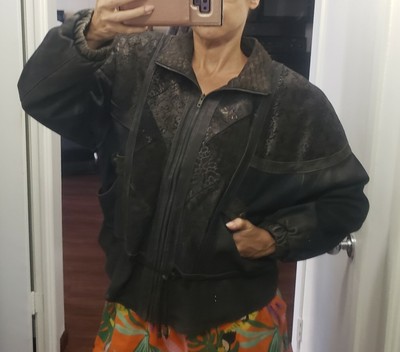 vtg 80s women L Izzi patchwork brown leather bomber jacket bronze 