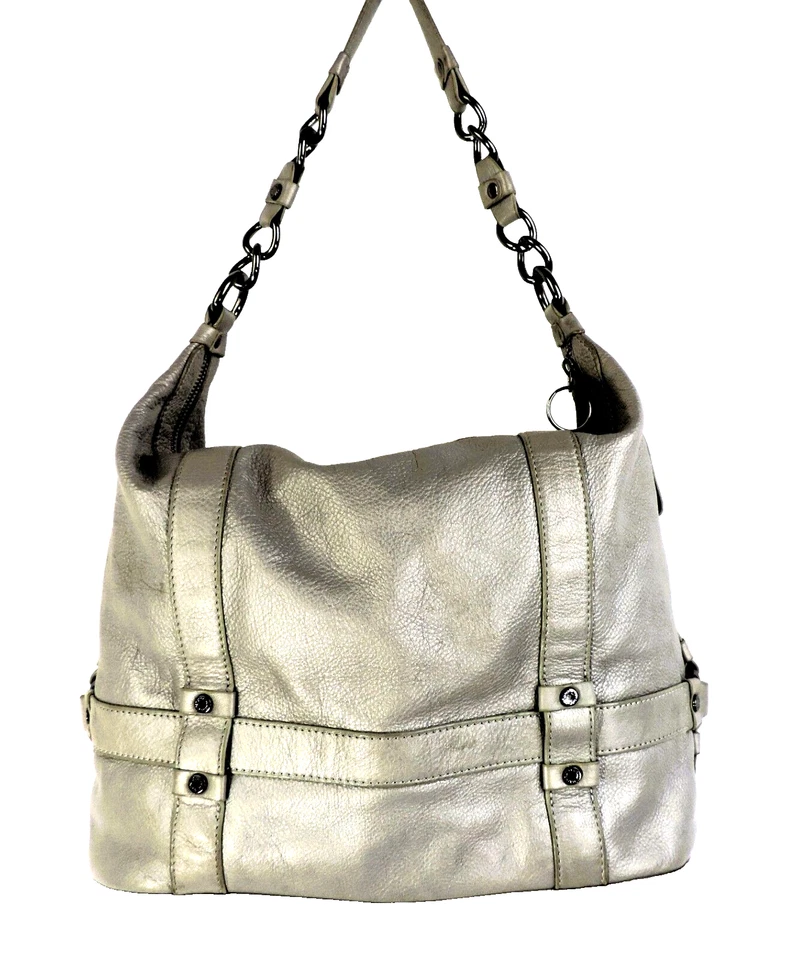 Bolso de hombro hobo de cuero plateado granulado Kenneth Cole Reaction cierre con cremallera Foto 2 de 4