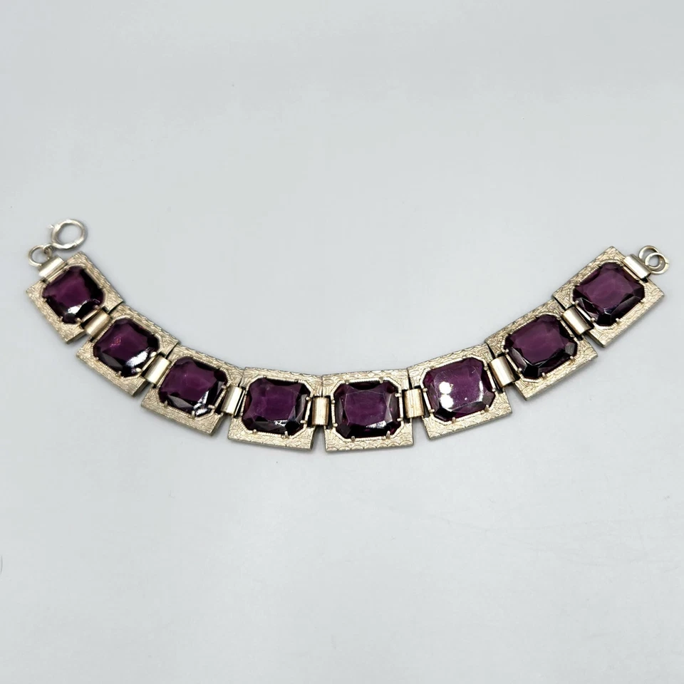 Brazalete Estate Art Deco Octágono Vidrio Púrpura Placa Plata Panel Eslabón 7.5" Foto 2 de 4