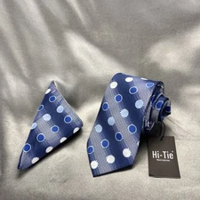 Hi-Tie Men’s 100% Silk Tie Handkerchief Set Geometric Blue Silver Wedding Prom