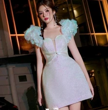 Lovelyn Iridescent Mini Dress Structed Fit Puffy Sleeve Detail Small Vietnam