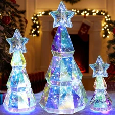 3 Set Size Prismatic Iridescent Christmas Trees With LED Lights Multicolor New