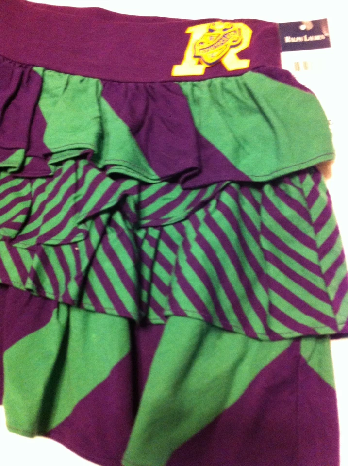 Falda Polo Ralph Lauren Niña~Verde/Púrpura Rayas con Volantes~Talla L (12-14)~NUEVA CON ETIQUETAS Foto 2 de 4