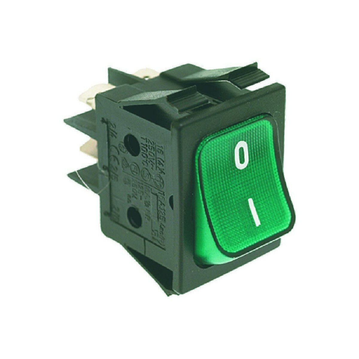 Interruttore bipolare verde 16A 250V con lampada spia e copripulsante Interruttore bipolare verde 16A 250V con lampada spia e copripulsante