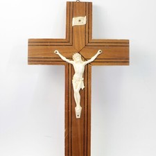 Antique Crucifix Corpus Christi celluloid & inlaid wooden cross religious #6