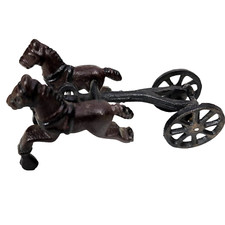 Antique Cast Iron Horses Pull Cart Two Black 2 Wheels 5.25 x 2.75" Inches Vtg