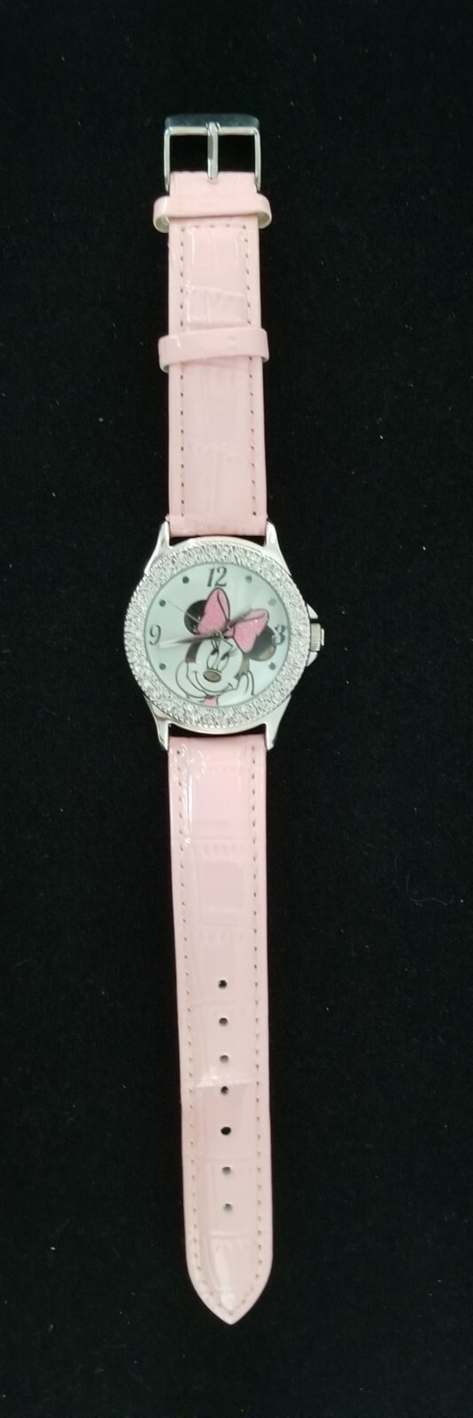 Sanrio Disney MZB Watch Silver Tone Crystal Bezel Pink Faux Leather Band 5.5"-7"