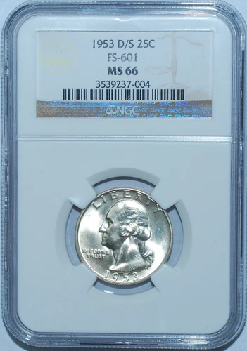 1953 D/S NGC MS66 FS-601 OMM-001 Over Mint Mark Washington Quarter