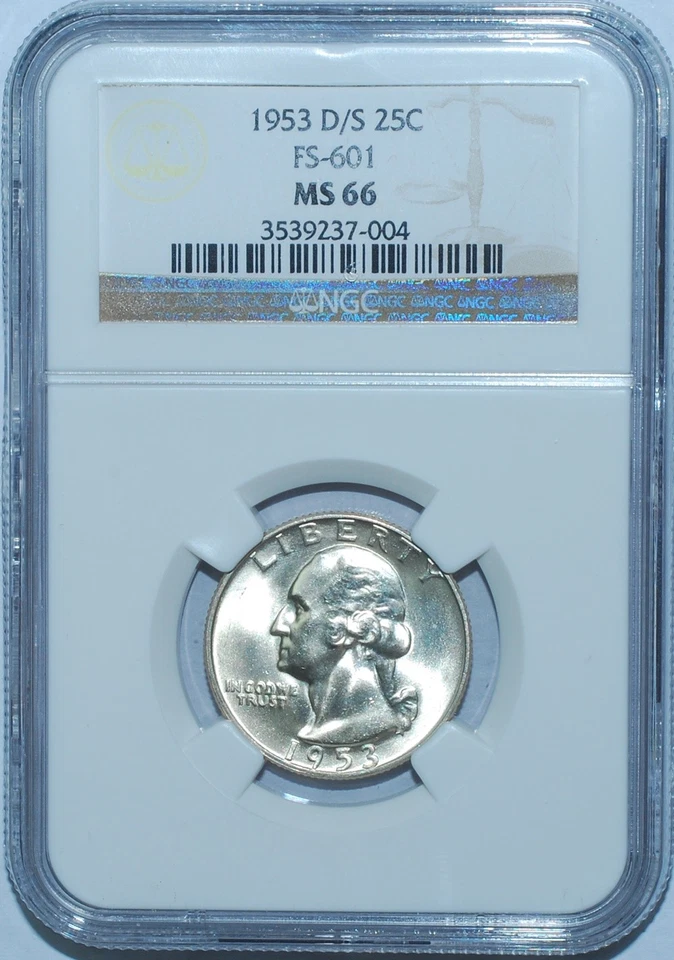 D/S NGC MS66 1953 FS-601 OMM-001 sobre Mint Mark Washington Quarter