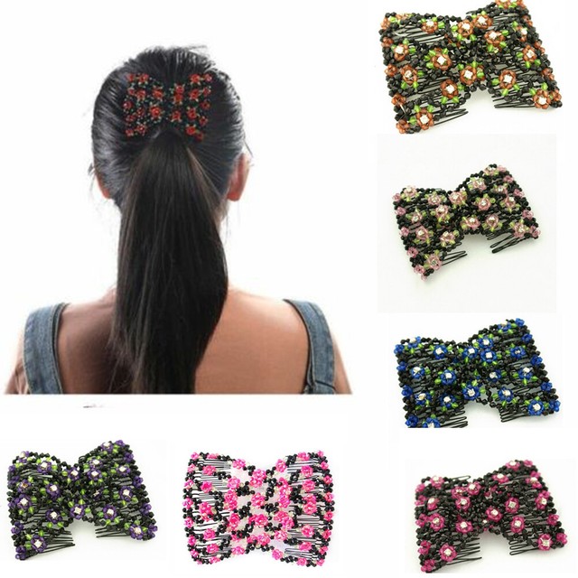 Charm Women's Double Hair Comb Magic Beads Elastic Clip Stretch Hair