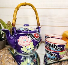 Space Purple Victorian Colorful Large Floral Blooms 25oz Tea Pot With 4 Cups Set