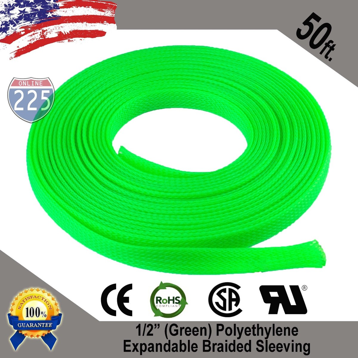 50 FT 1/2" Green Expandable Wire Cable Sleeving - Braided PET Loom Tubing By 225FWY