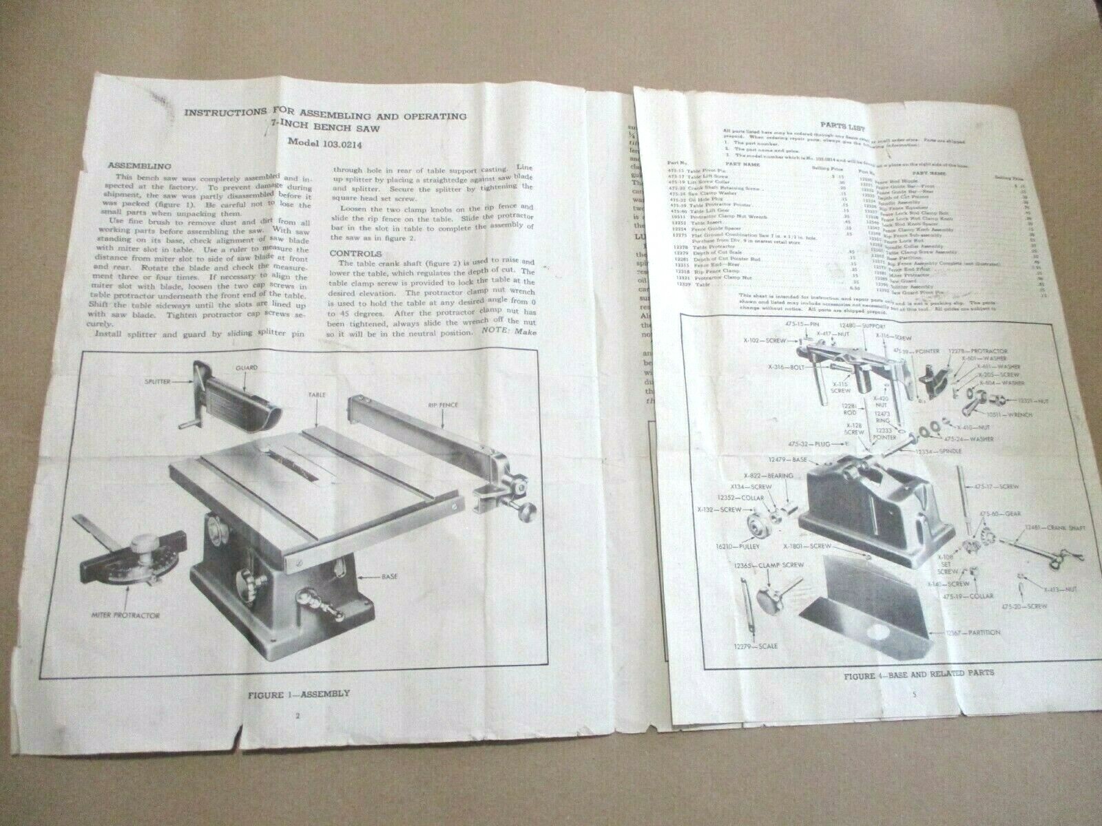 Vintage 7" Sears Roebuck Bench Saw Model 103.0214 Operator's Manual W