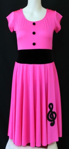 Art Stone Adult M Neon Pink Dress W/Attached Leo Full Skirt W/Felt Music Note