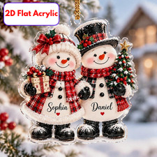 Custom Snowman Couple Acrylic Ornament 2026, Personalized Names Plaid Winter