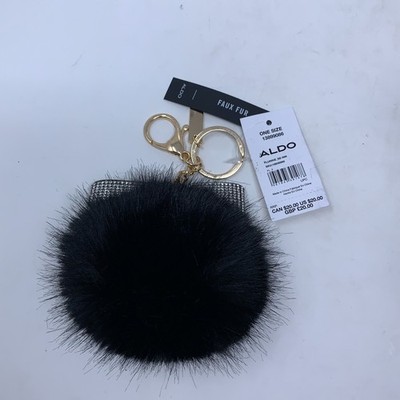 ALDO Womens Black Faux Fur Pom-Pom Metal Keychain Bag Charm NWT