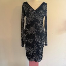 Guess Black Floral Ruched V-Neck Long Sleeve Dress