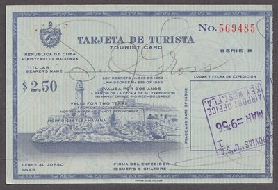 Tarjeta de Turista Tourist Card Cuba 1956 Valid for 2 Years