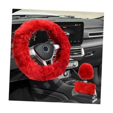 Fluffy Steering Wheel Covers Set, Fuzzy Wool Wheel Protector with Handbrake Red