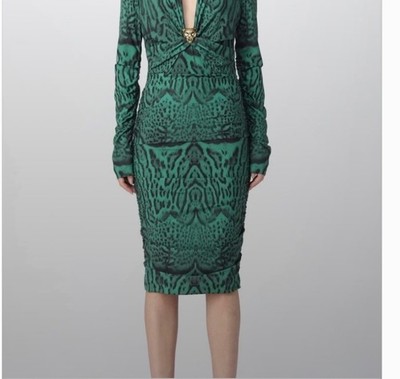 Roberto Cavalli Green Animal Print Long Sleeve Dress Size 46