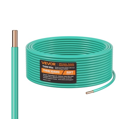 VEVOR 10 Gauge Solid THHN Wire Green Copper Electrical Building Wire PVC Nylon