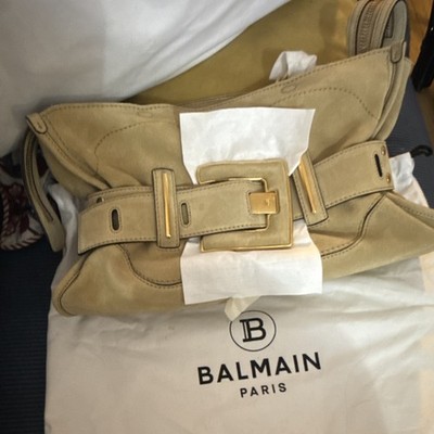 Balmain Suede Anthem Bag with gold buckle in beige