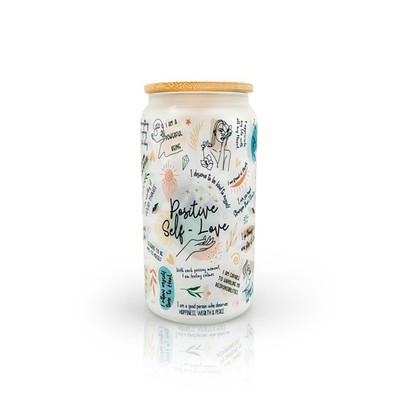 Custom 16 oz Iced Coffee Glass Cup, Positive Self Love, with Bamboo Lid & Straw