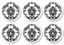 Vintage Damask Cabinet Knobs Handmade, Ornate Black White Drawer Pulls 4 or 6 pc