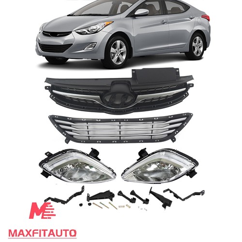 Front Bumper Grille Set For 2011-2013 Hyundai Elantra Sedan - Upper & Lower Black Chrome