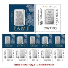 Lot of 5 - 1 g Platinum Bar PAMP Suisse Fortuna - In Multigram Assay .9995 Fine