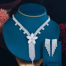 White Gold Plated CZ Long Flower Round Tassel Pageant Engagement Jewellery Set
