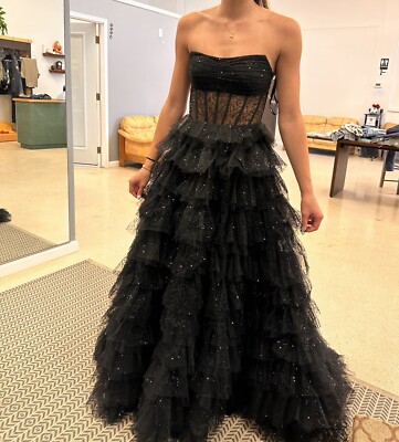 open lace back dress Sherri Hill Fitted Satin Halter Corset Prom Dress 56149 Black / 14 main image 0
