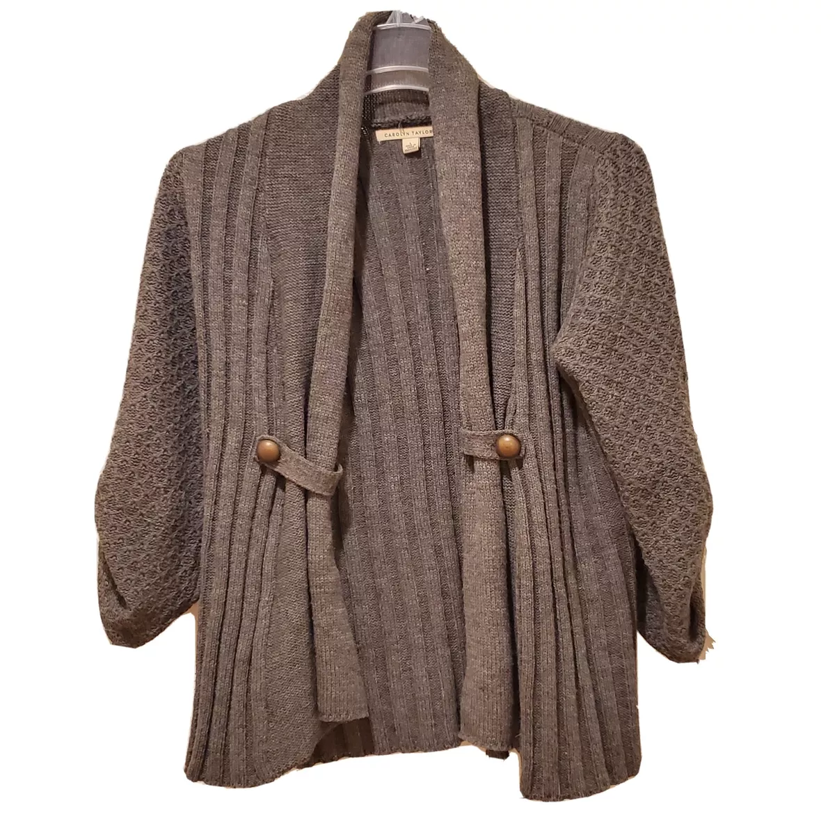 Carolyn Taylor Cardigan Sweater Size Large Gray Open Front Button Accents VGUC