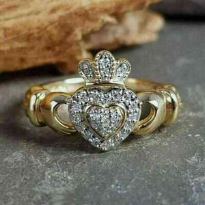 Authentic 1.20Ct Round Real Moissanite Claddagh Engagement Ring 14k Yellow Gold Plated
