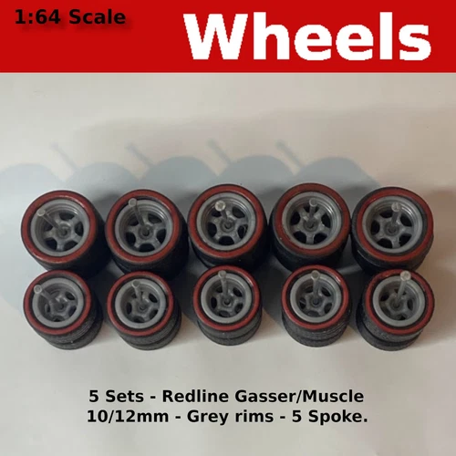 5 Sets-Gray Redline 5 Spoke with Tires and axles.10mm/12mm for Hot Wheels