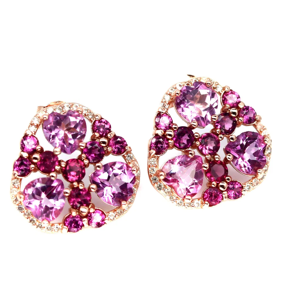 Gemstone 6x6 MM. Pink Mystic Topaz, Rhodolite Garnet, Zircon Earrings 925 Silver - Image 2 of 4