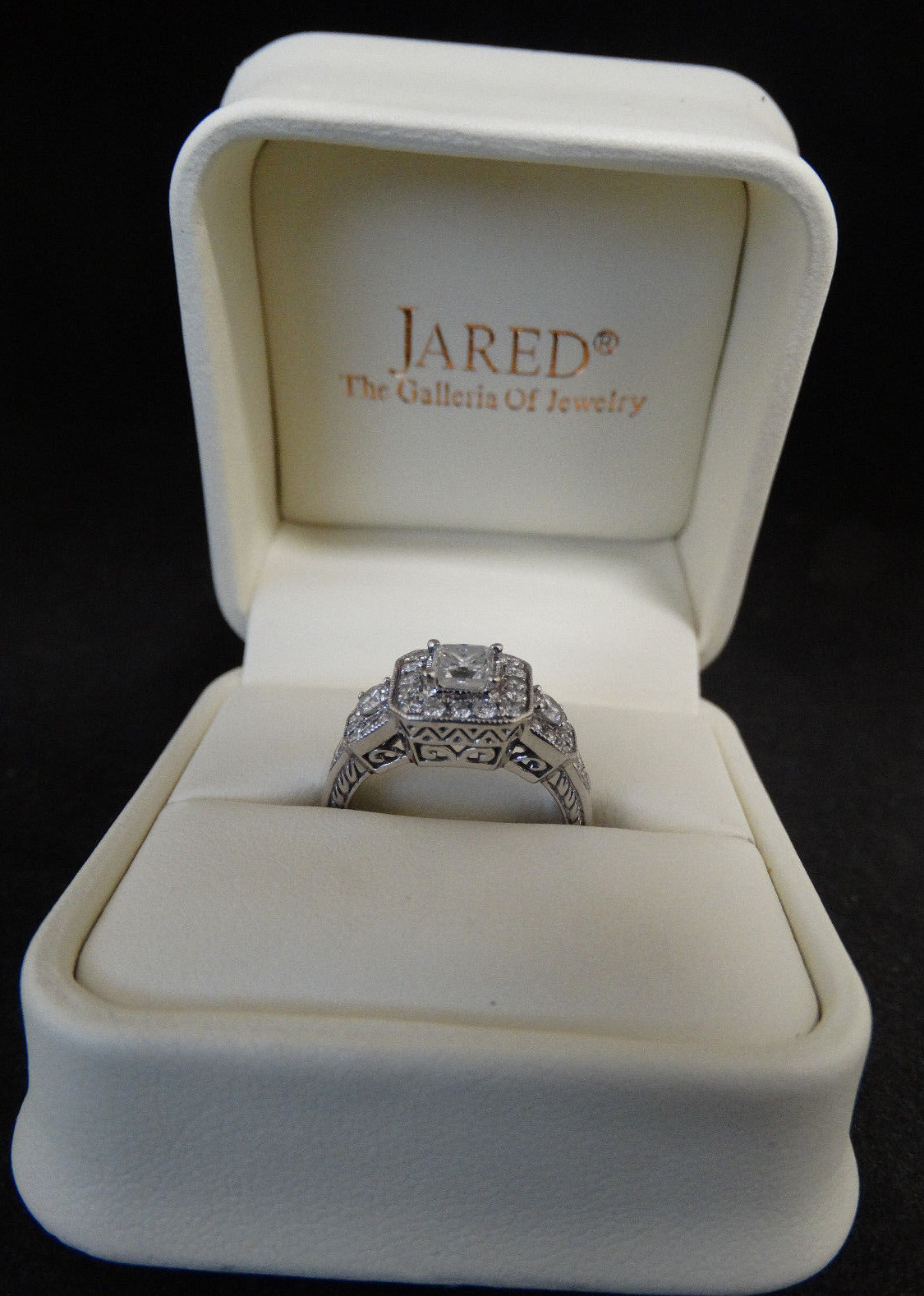 Jared Princess Cut Diamond 3 Stone Halo 14k White Gold Engagement Ring