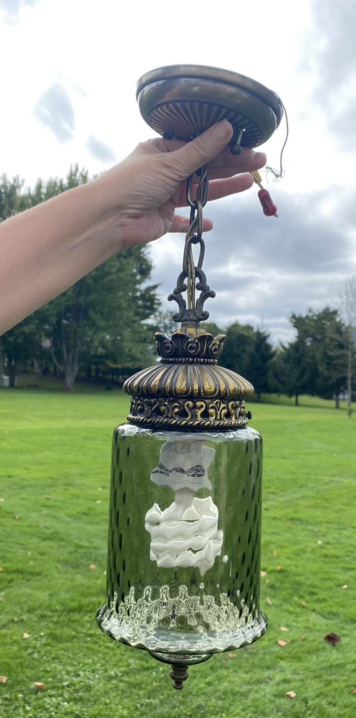 Vintage MCM DIMPLED Smokey Glass Hanging Pendant Light
