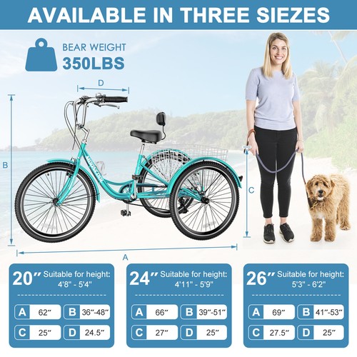 MOONCOOL Adult Tricycles 7 Speed Three Wheel Bike Cruiser Trike Large Basket - Picture 46 of 154