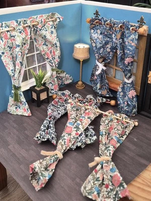 4 Dolls House Long Curtains With Poles And Eyelets Hand Made UK - Image 1 of 4