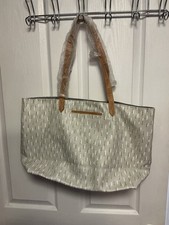 Thirty-One Gray Geometric Tote Bag Brown Double Handles Lined Inner Pockets