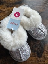 Cat Jack Girls Silver Glitter Faux Fur Trim Slip-On Slippers US Size 5
