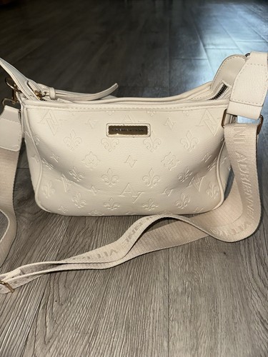 Adrienne Vittadini Ivory BeigeFaux Leather Monogram Shoulder Crossbody Purse